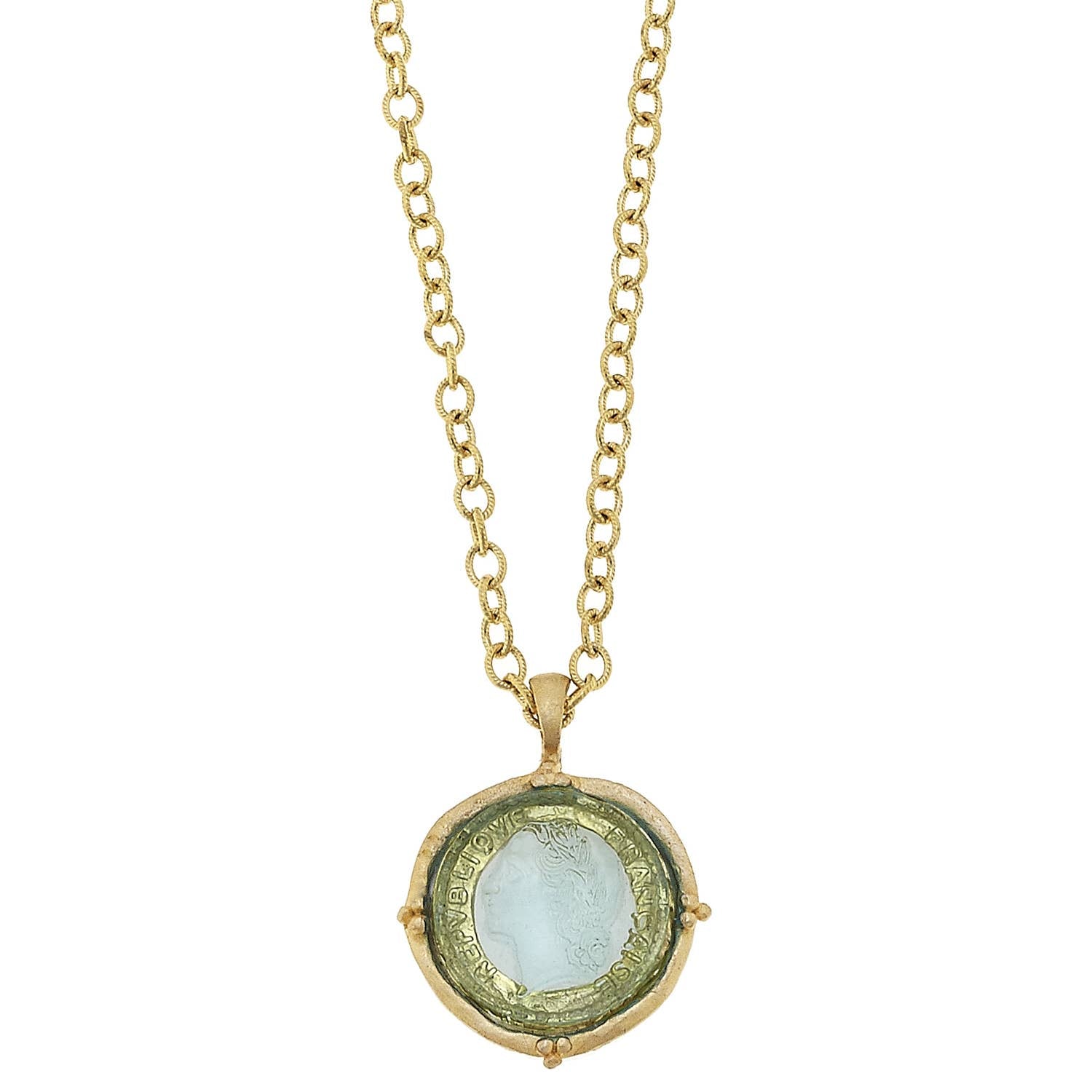 Susan Shaw Long Venetian Clear Glass Coin Intaglio Necklace