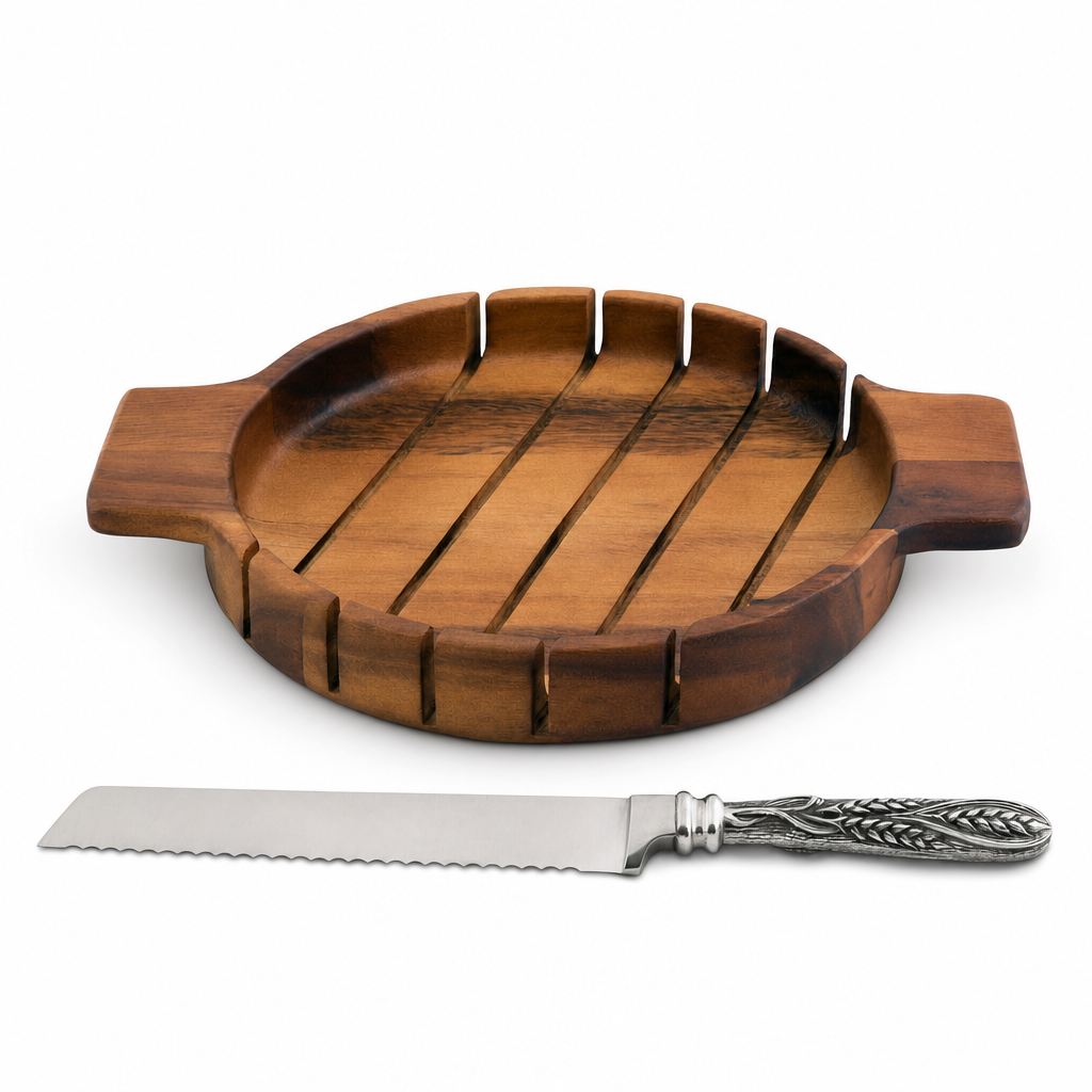 VAGABOND HOUSE Round Bread Board with Pewter Wheat Knife