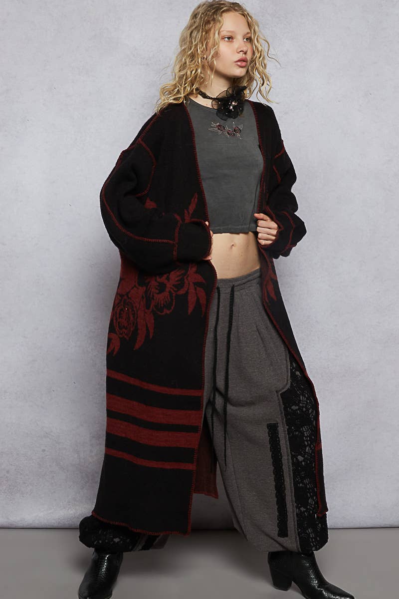 Pol Clothing Long Sleeve Striped Floral Cardigan Sweater