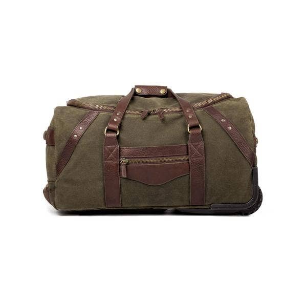 Mission Mercantile Campaign Waxed Canvas Rolling Carry-On Duffle Bag: Smoke / Brown