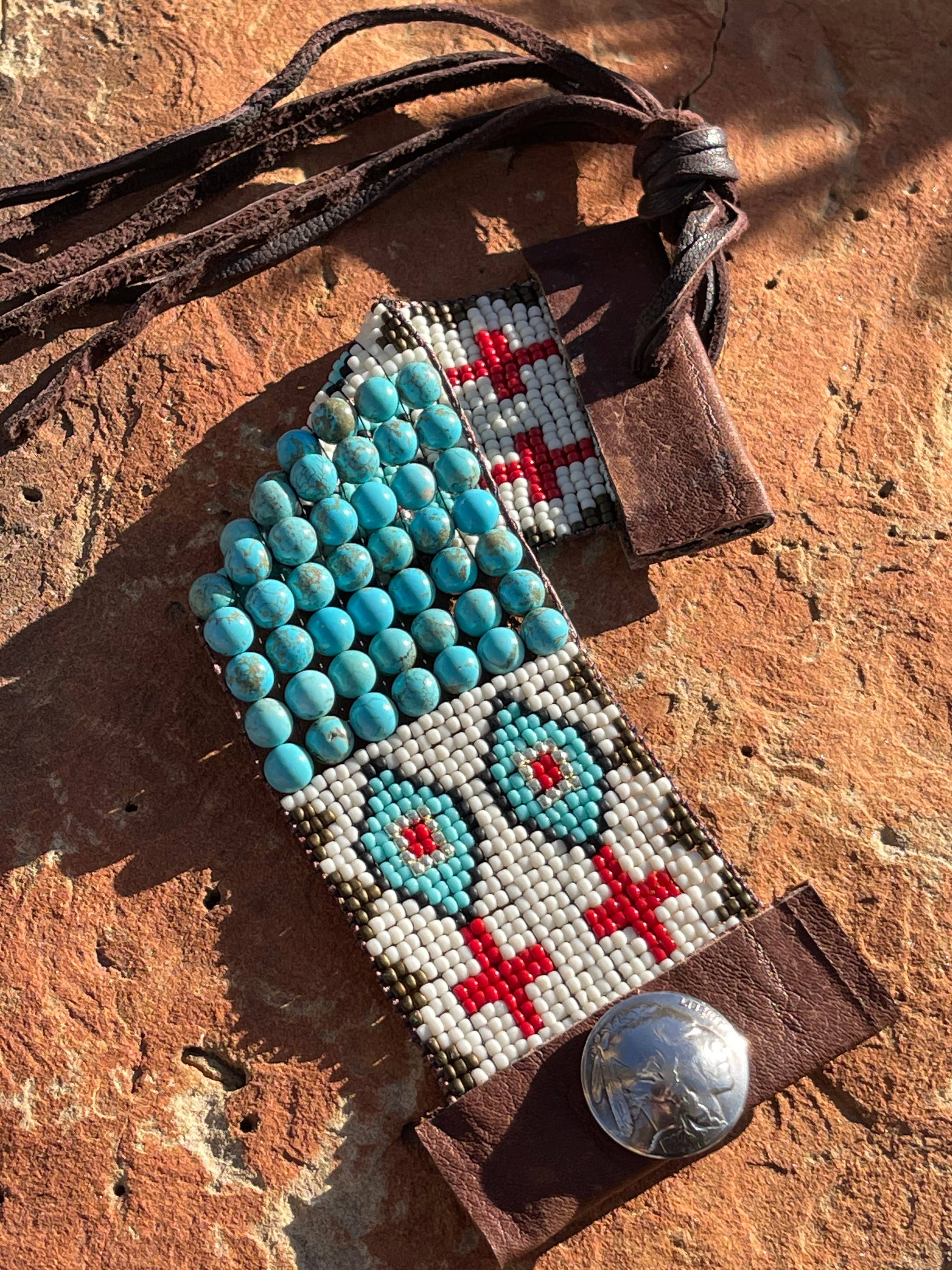 Fleurdesignz Western Jewelry Turquoise And Leather Loom Cuff Bracelet: Prairie Drifter