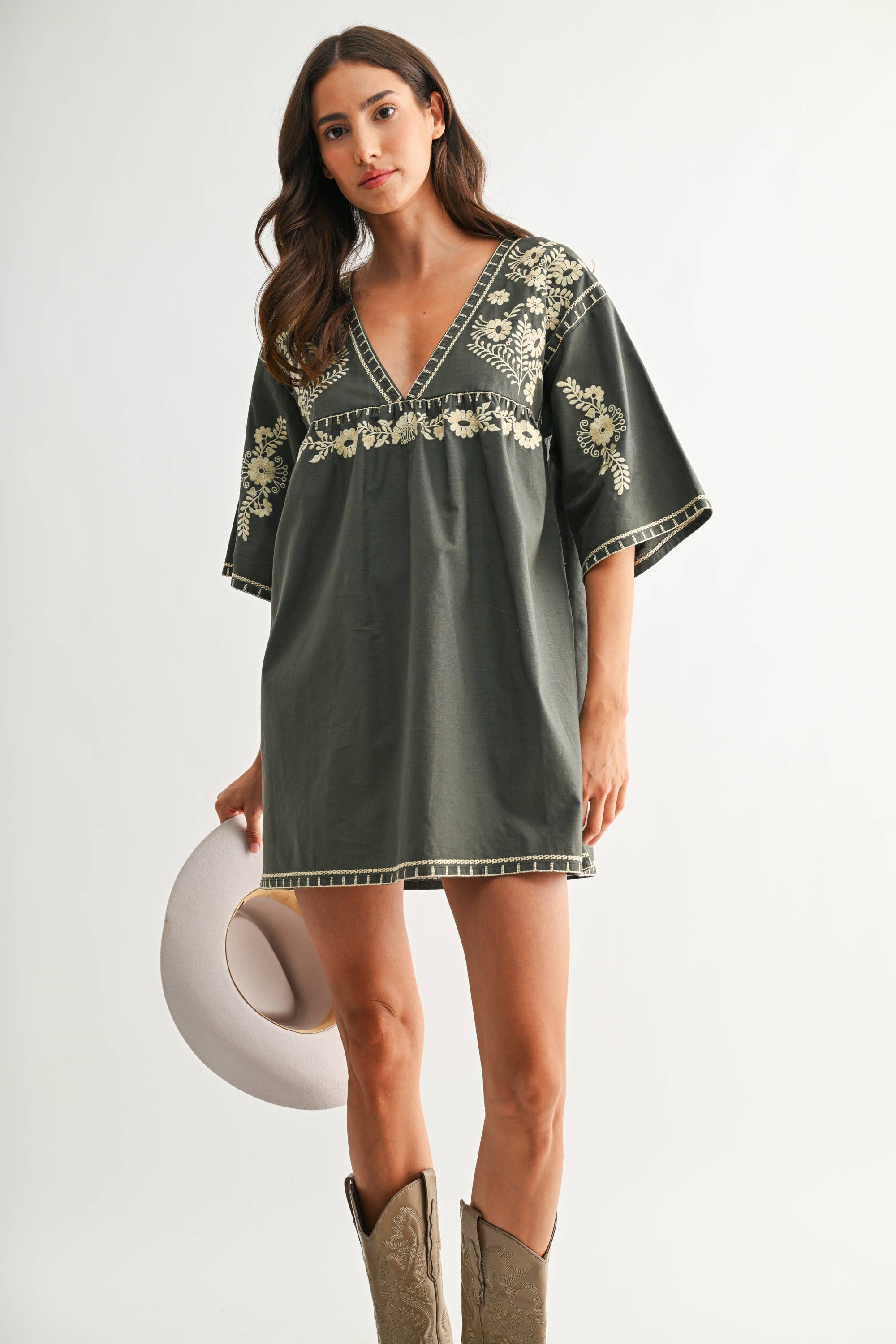 Camellia Embroidered Shift Dress with Deep V-Neckline