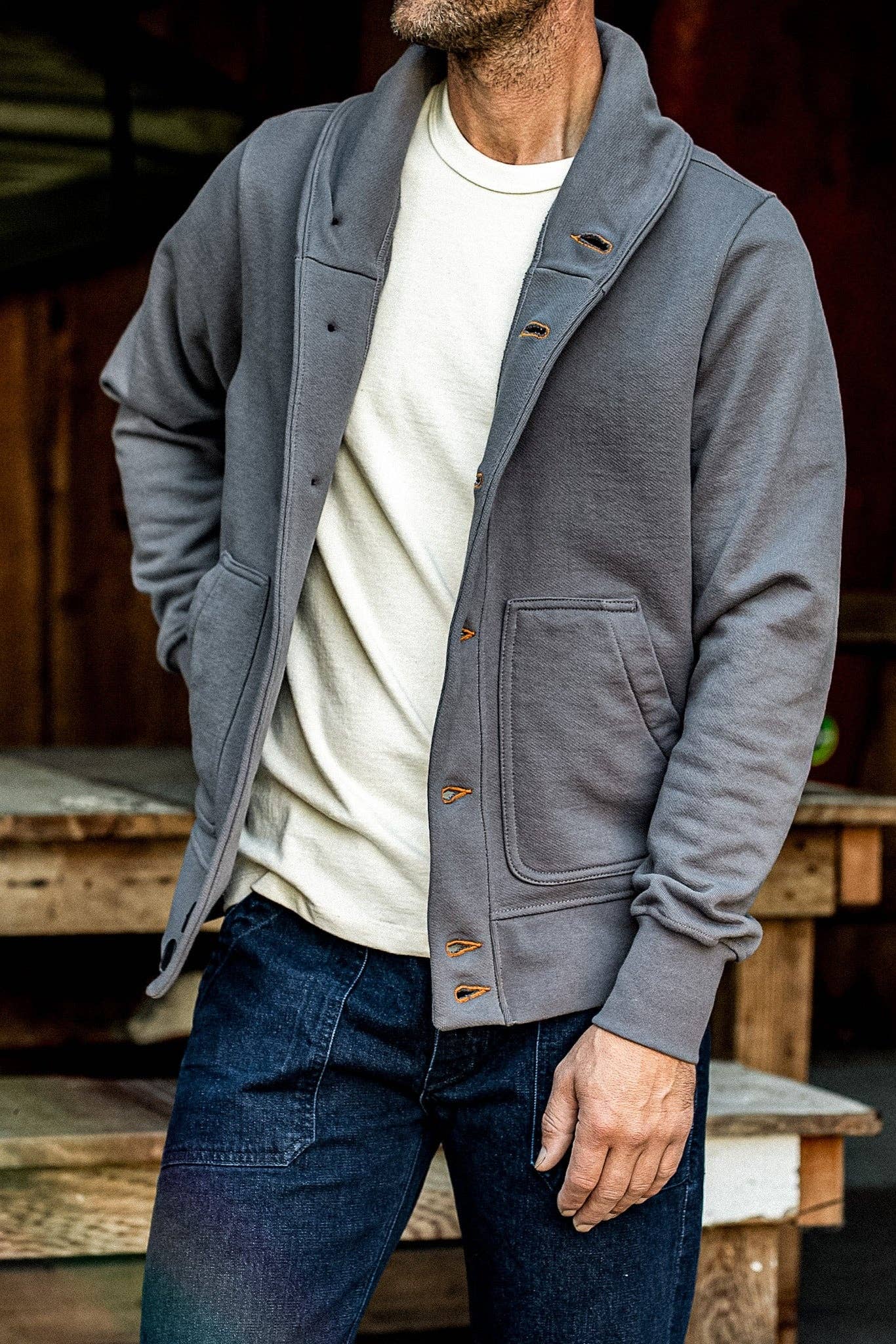 WIESMADE Men | Bodega Cardigan | 14oz 100% Cotton French Terry - Pebble: Pebble / L