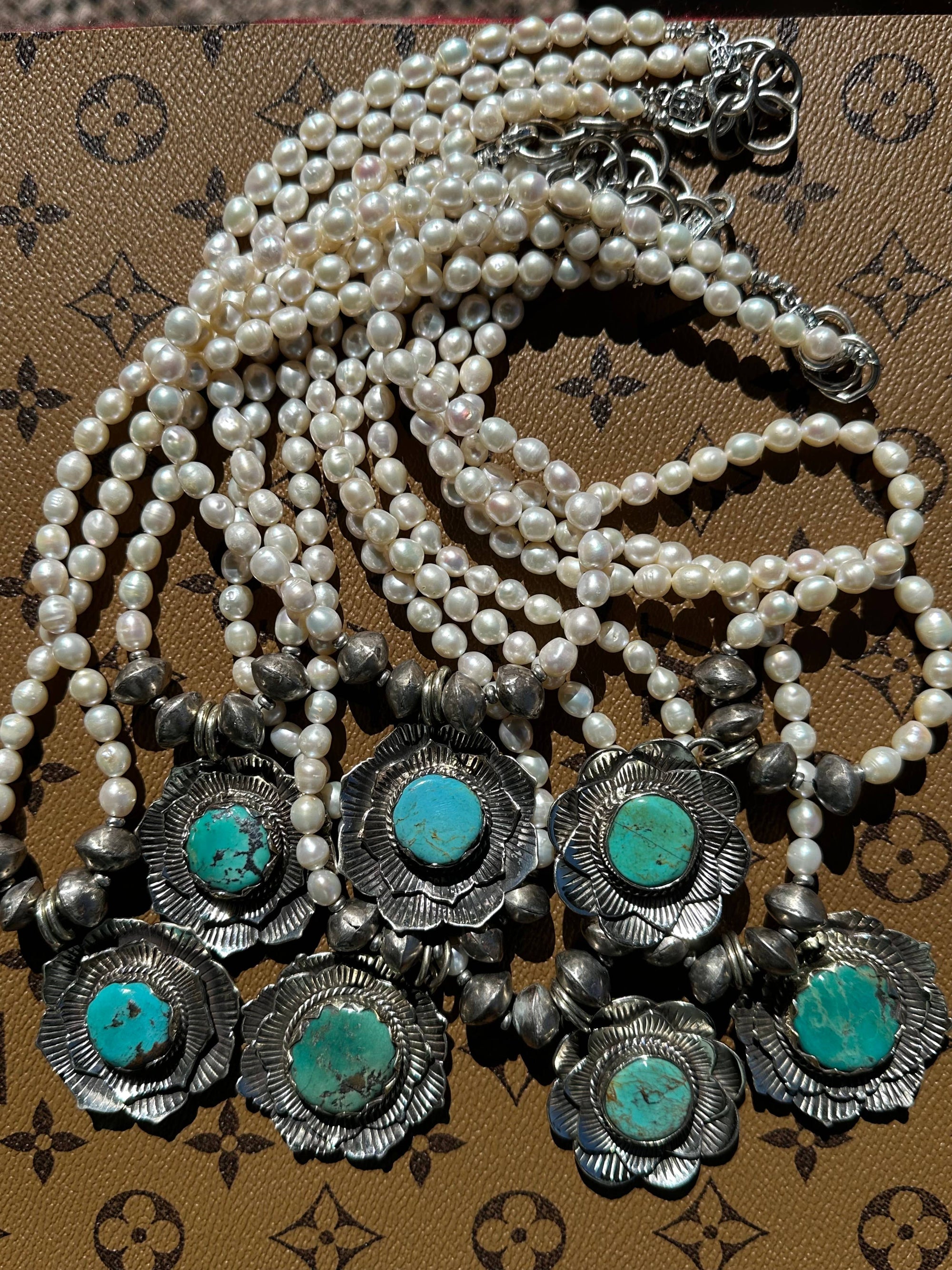 Fleurdesignz Western Jewelry Turquoise and Pearl Blossom Necklace