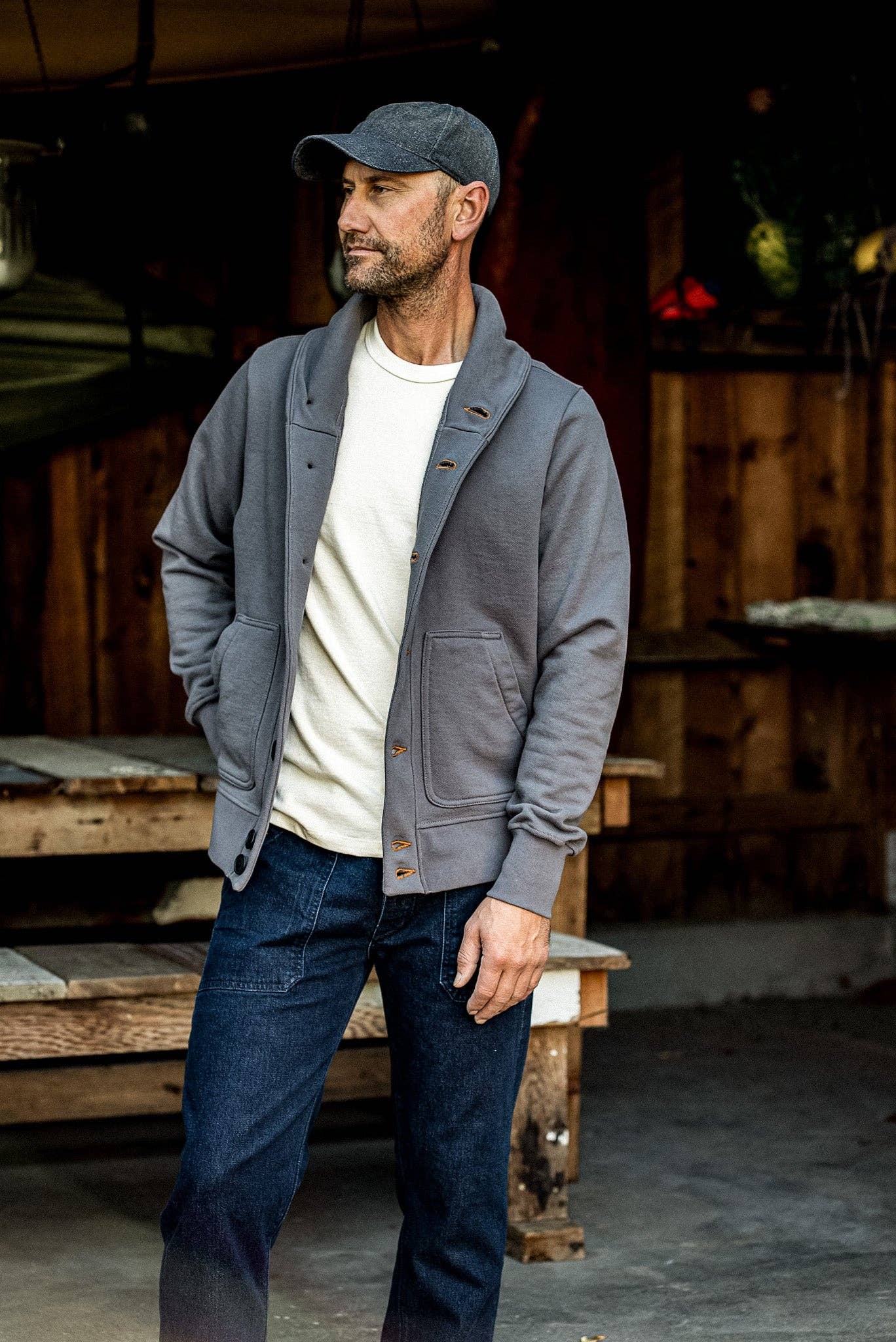 WIESMADE Men | Bodega Cardigan | 14oz 100% Cotton French Terry - Pebble: Pebble / L