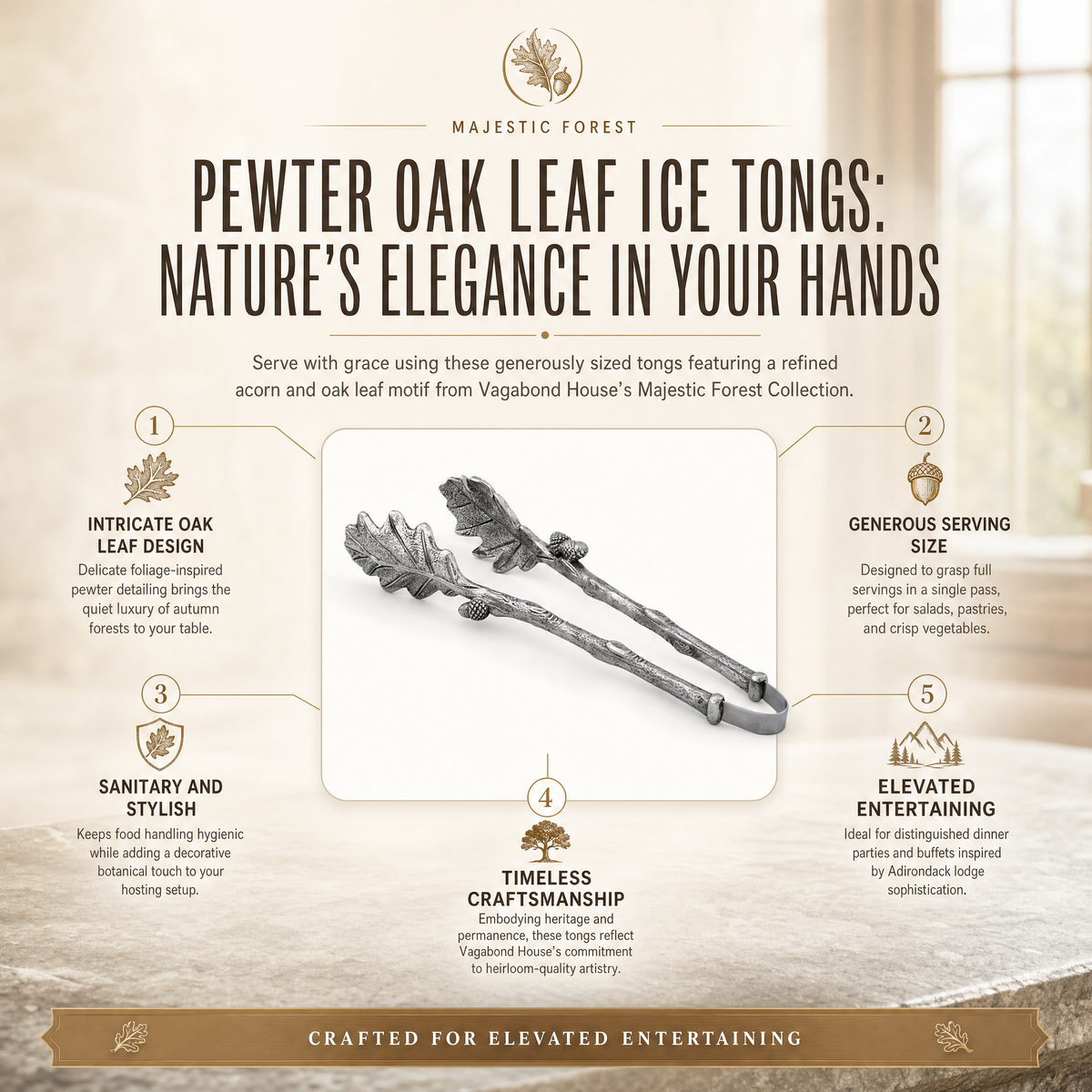 VAGABOND HOUSE Pewter Oak Leaf Pattern Ice / Bread Tongs