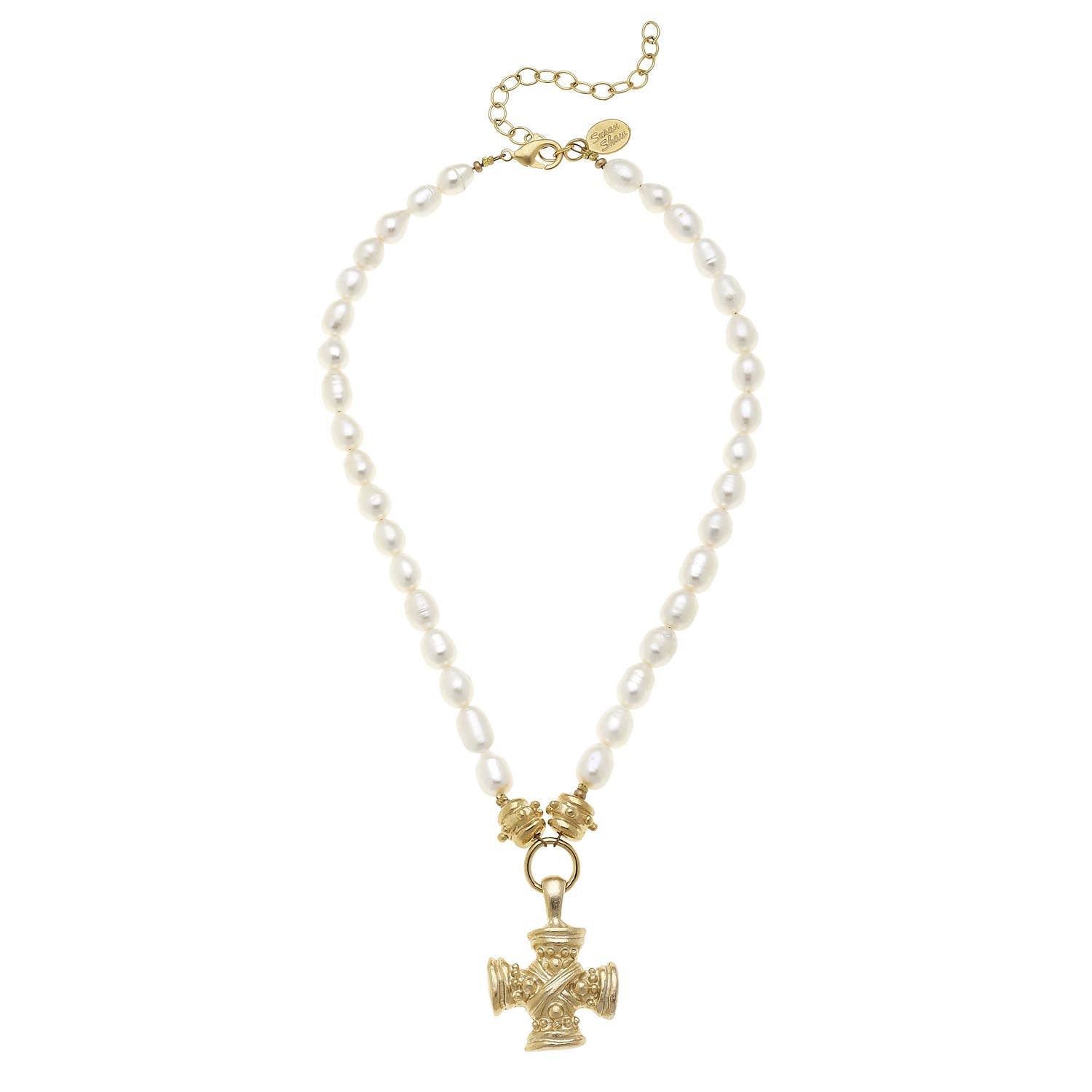 Susan Shaw Gold Squared French Cross Pearl Necklace