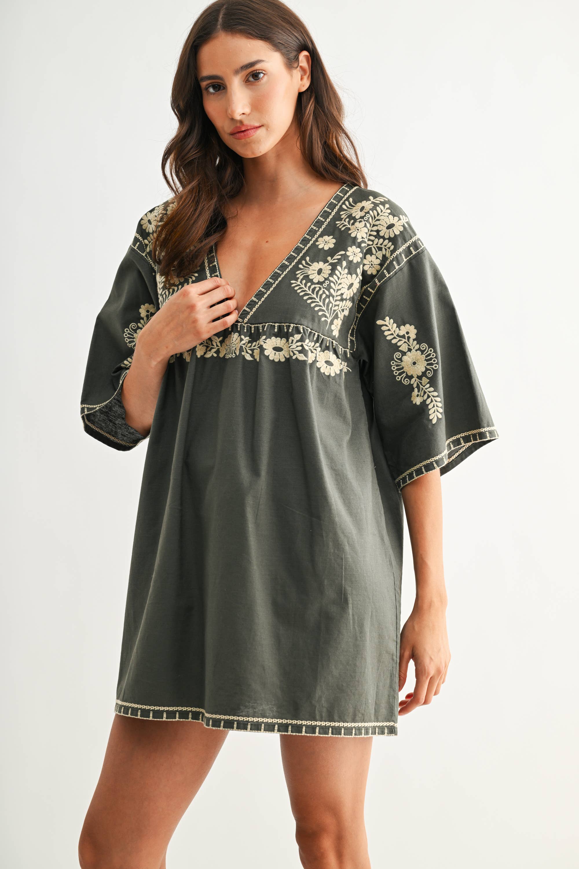 Camellia Embroidered Shift Dress with Deep V-Neckline