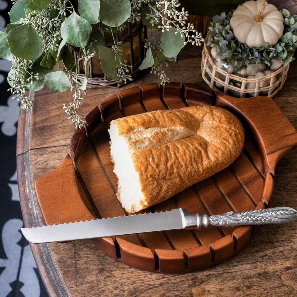 VAGABOND HOUSE Round Bread Board with Pewter Wheat Knife