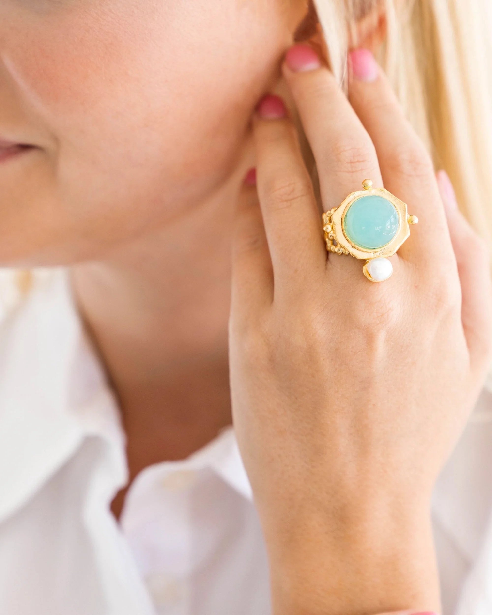 Susan Shaw Becca Ring: Aqua Quartz + Pearl