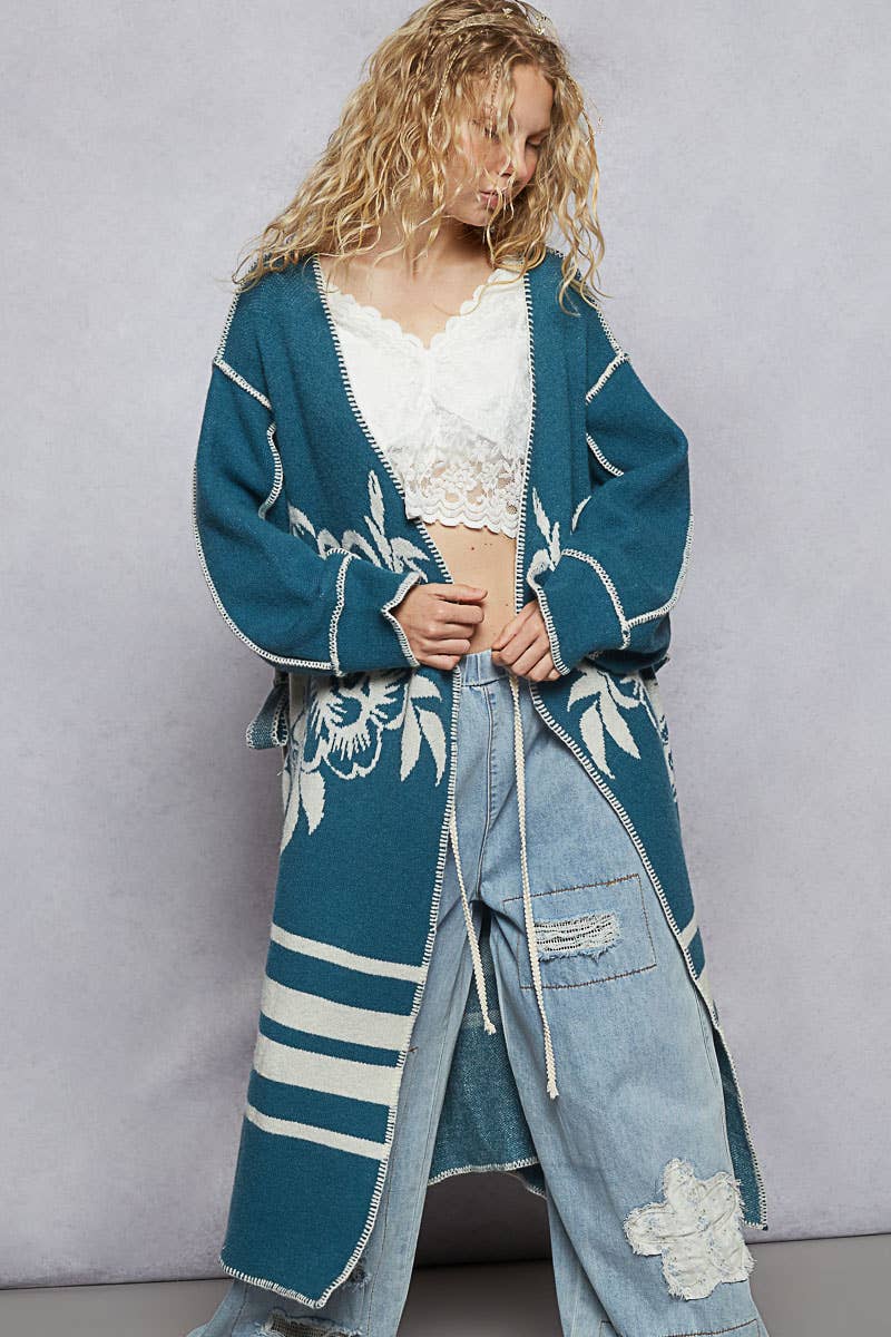 Pol Clothing Long Sleeve Striped Floral Cardigan Sweater