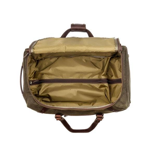 Mission Mercantile Campaign Waxed Canvas Rolling Carry-On Duffle Bag: Smoke / Forest