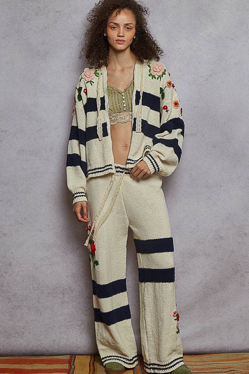 Pol Clothing Embroidered Striped Hoodie Zip-Up Sweater