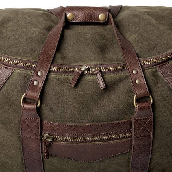 Mission Mercantile Campaign Waxed Canvas Rolling Carry-On Duffle Bag: Smoke / Brown