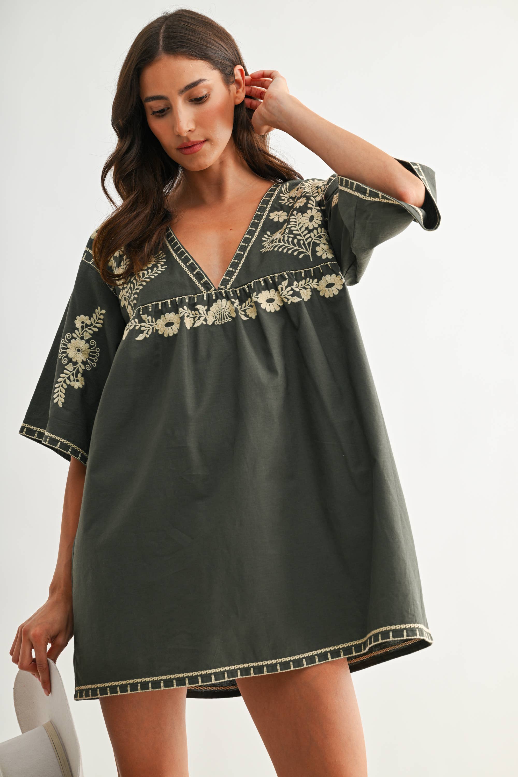 Camellia Embroidered Shift Dress with Deep V-Neckline