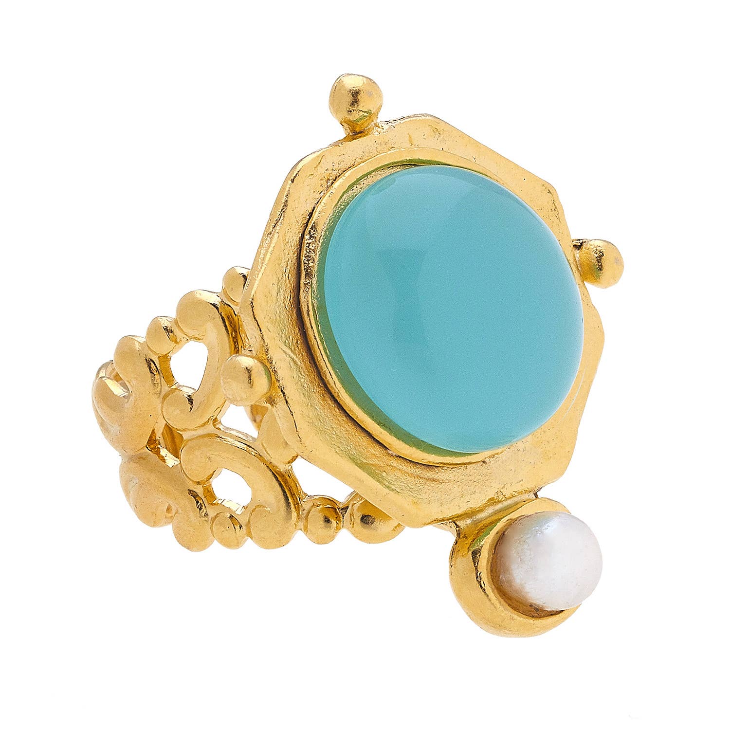 Susan Shaw Becca Ring: Aqua Quartz + Pearl