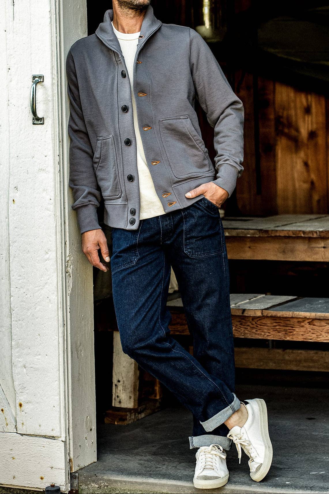WIESMADE Men | Bodega Cardigan | 14oz 100% Cotton French Terry - Pebble: Pebble / L