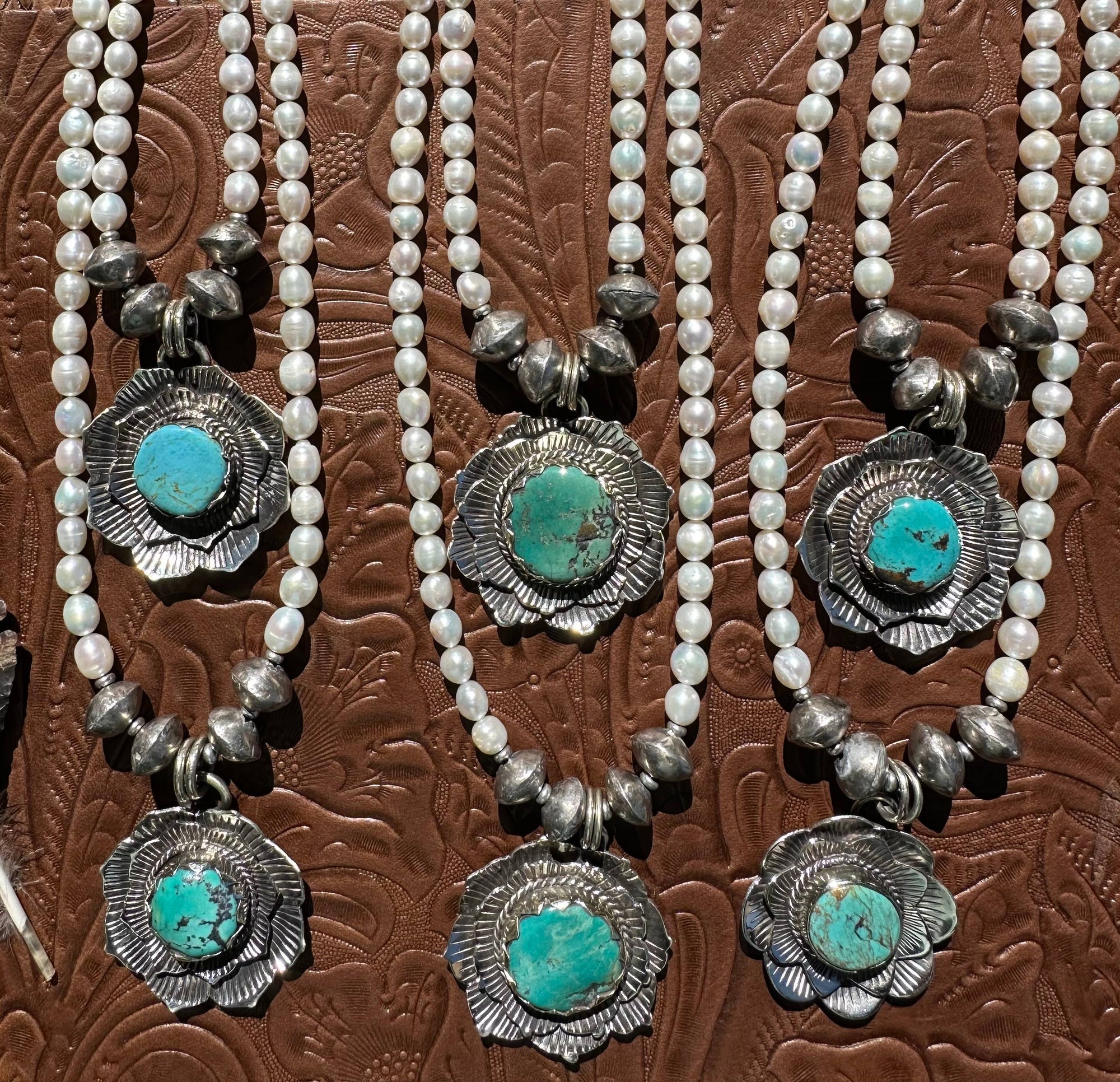 Fleurdesignz Western Jewelry Turquoise and Pearl Blossom Necklace