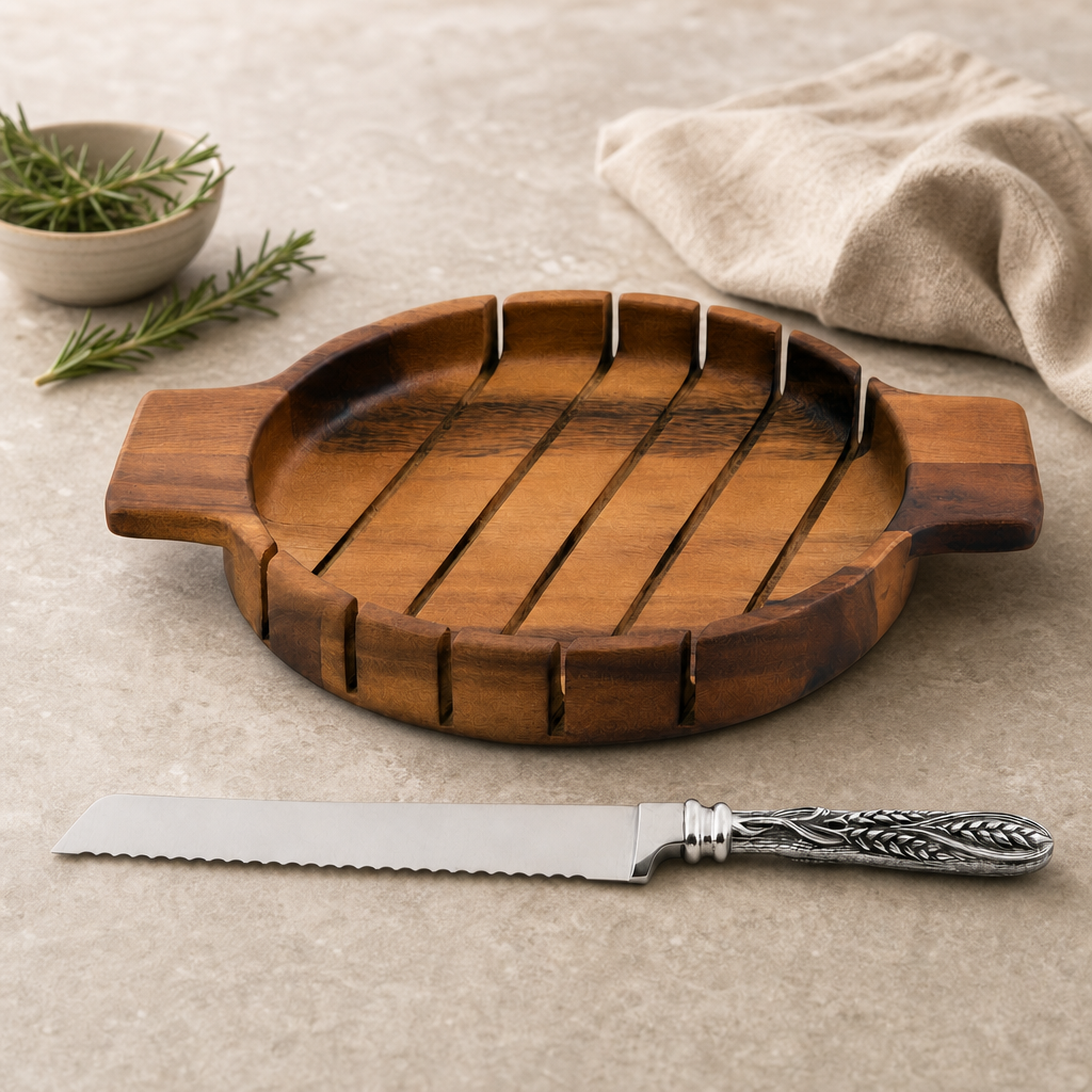 VAGABOND HOUSE Round Bread Board with Pewter Wheat Knife