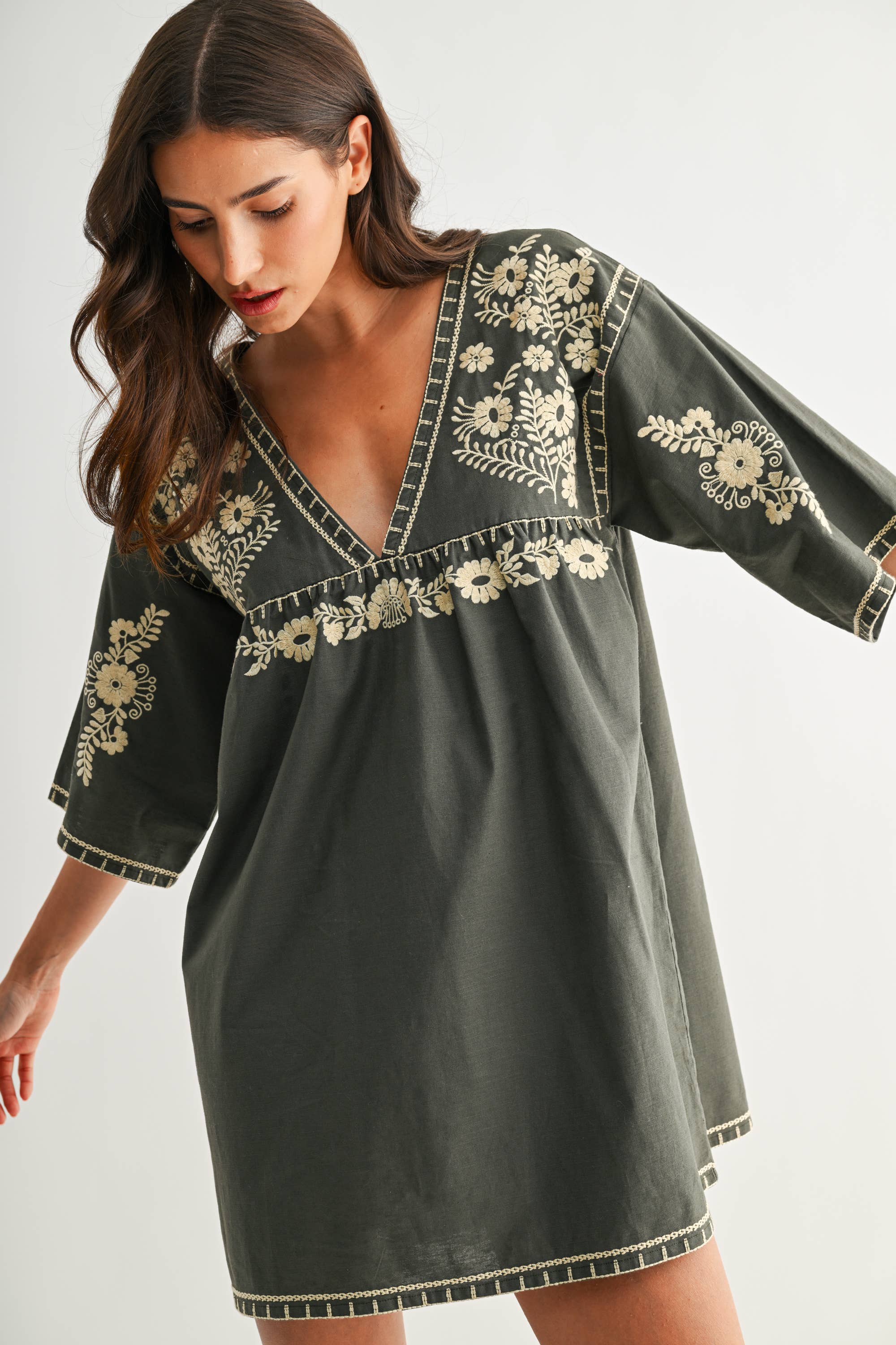 Camellia Embroidered Shift Dress with Deep V-Neckline