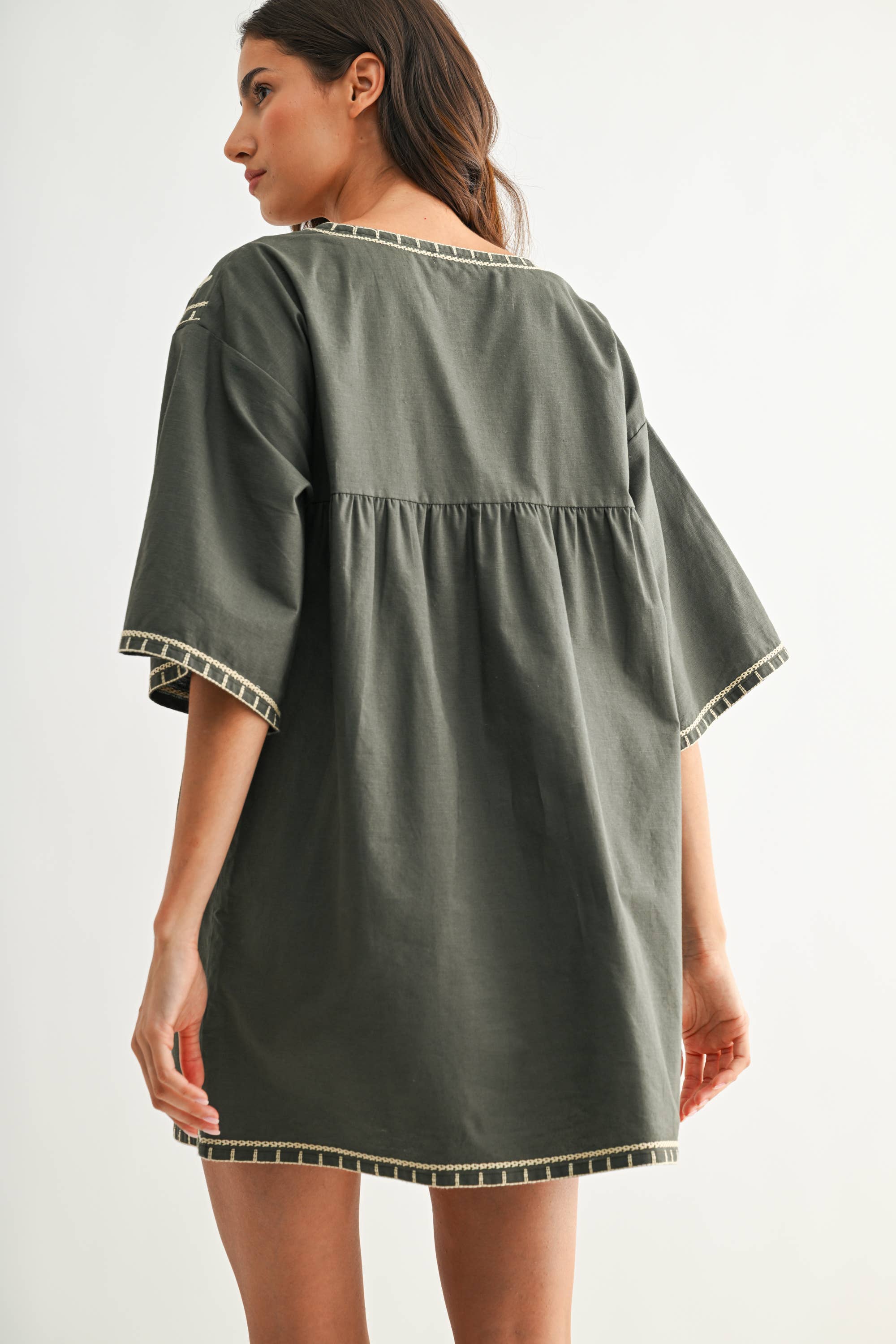 Camellia Embroidered Shift Dress with Deep V-Neckline