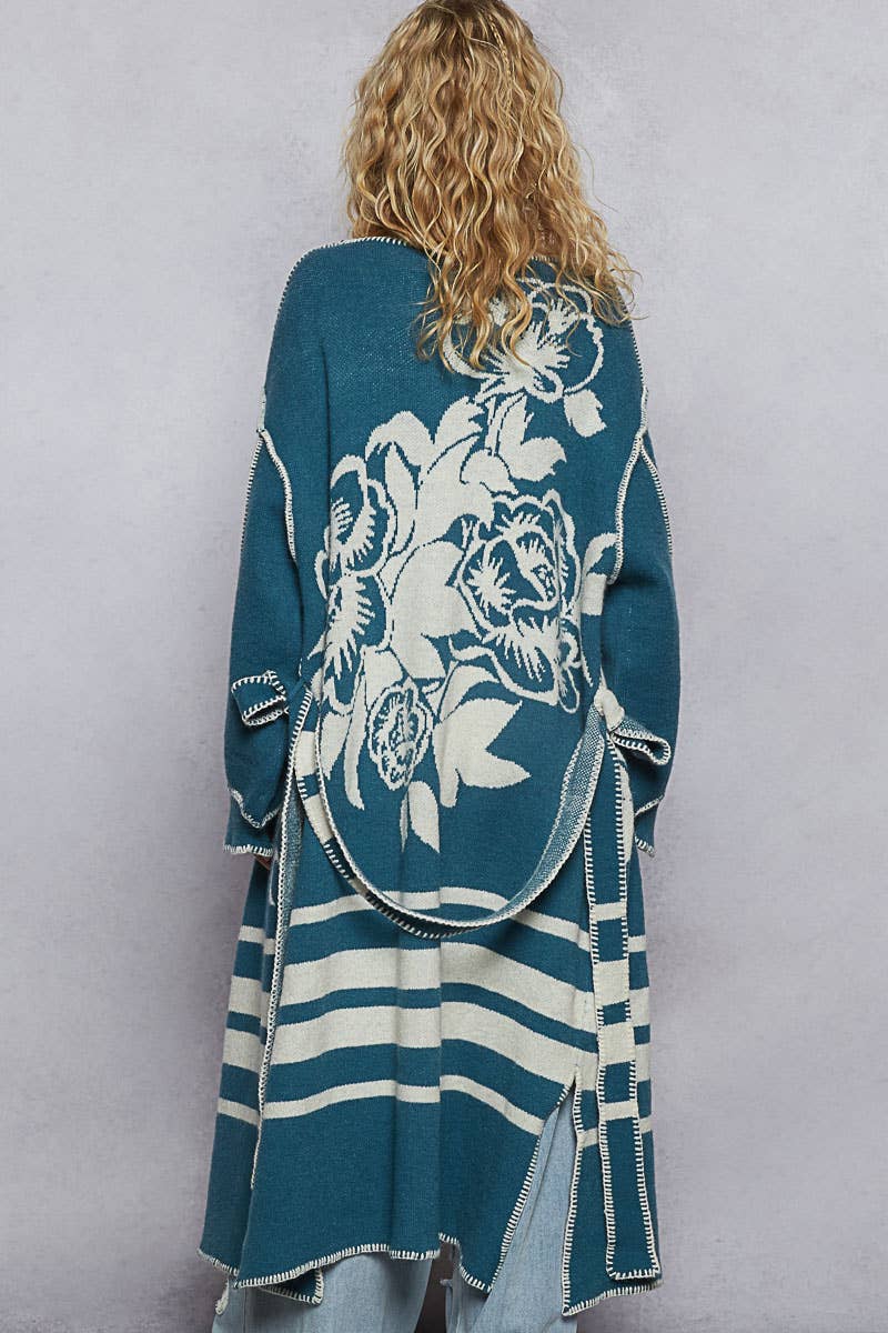 Pol Clothing Long Sleeve Striped Floral Cardigan Sweater