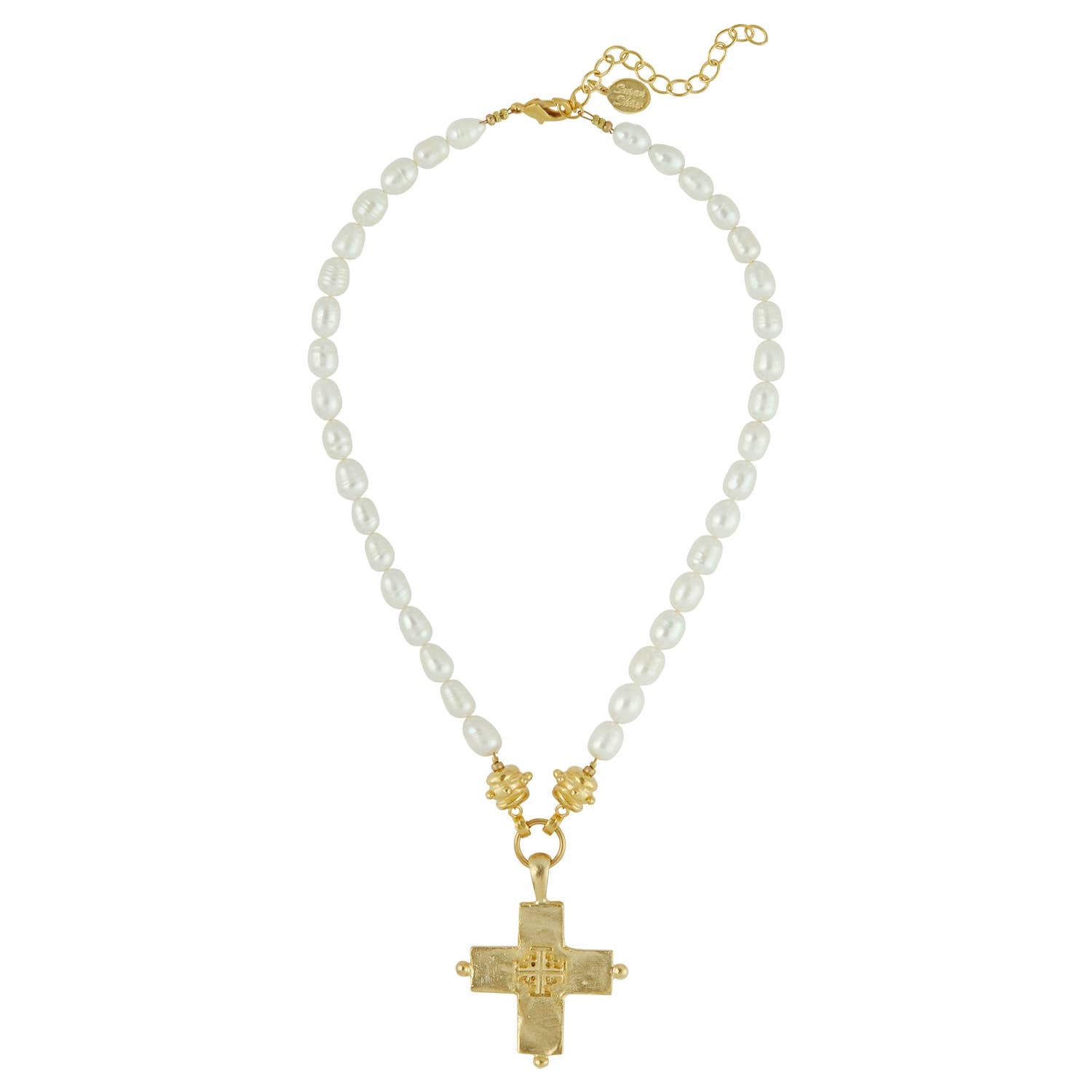 Susan Shaw Gold Jerusalem Cross + Pearl Necklace